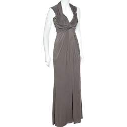 Pre Owned Max Mara Grey Jersey Ruched Maxi Dress S