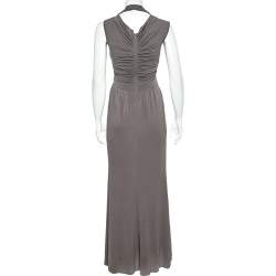 Pre Owned Max Mara Grey Jersey Ruched Maxi Dress S
