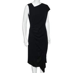 Pre Owned Max Mara Black Crepe Draped Detail Sleeveless Midi Dress L
