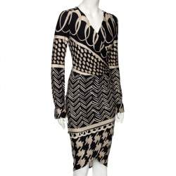 Pre Owned Max Mara Monochrome Printed Jersey Long Sleeve Draped Dress M