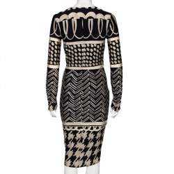 Pre Owned Max Mara Monochrome Printed Jersey Long Sleeve Draped Dress M