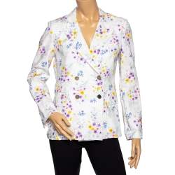 Pre Owned Max Mara White Floral Printed Linen Double Breasted Blazer M