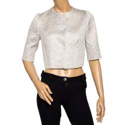 Max Mara Cream Lurex Floral Pattern Jacquard Cropped Jacket S