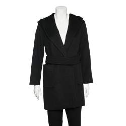 Pre Owned Max Mara Black Camel Hair Hooded Belted Coat S