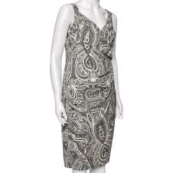 Pre Owned Max Mara Monochrome Paisley Printed Cotton Draped Detail Dress M