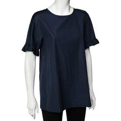 Max Mara Navy Blue Cotton Ruffled Sleeve Top M