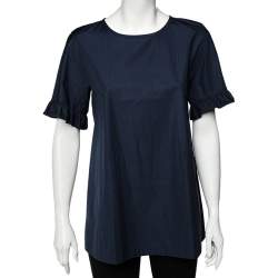 Max Mara Navy Blue Cotton Ruffled Sleeve Top M