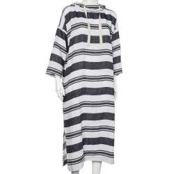 Pre Owned Max Mara White & Navy Blue Striped Linen Hooded Dress S