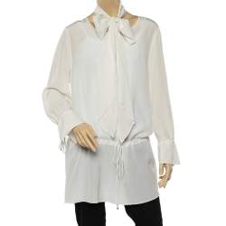 Max Mara Studio White Silk Neck Tie Detail Top XL