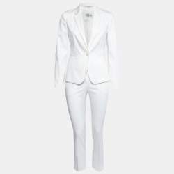 Pre Owned Max Mara White Cotton Tapered Pants & Single Breasted Blazer Suit S/ XS