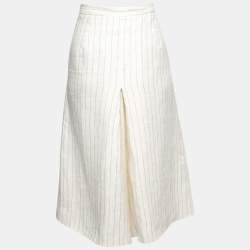 Pre Owned Max Mara Cream Striped Linen Pleat Detail Wide Leg Culottes M