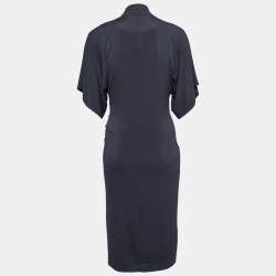 Pre Owned Max Mara Navy Blue Stretch Crepe Pleated and Zip Front Dress M