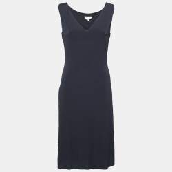 Pre Owned Max Mara Navy Blue Stretch Crepe Pleated and Zip Front Dress M