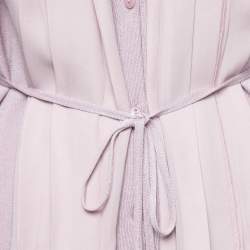 Pre Owned Max Mara Lilac Knit & Silk Paneled Belted Button Front Cardigan L