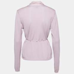Pre Owned Max Mara Lilac Knit & Silk Paneled Belted Button Front Cardigan L