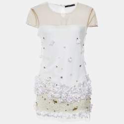 Max Mara White Mesh Crystal and Sequin Embellished Top M