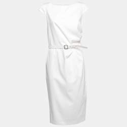 Pre Owned Max Mara White Cotton Cap Sleeve Belted Dress L