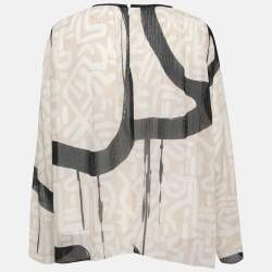 Pre Owned Max Mara Beige and Black Printed Textured Silk Long Sleeve Blouse XL