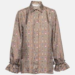 Pre Owned Max Mara Brown Camel Silk Printed Ruched Cuff Blouse M
