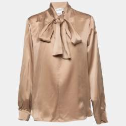 Pre Owned Max Mara Beige Satin Silk Neck Tie Detail Long Sleeve Blouse L