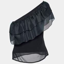 Pre Owned Max Mara Black Crepe Ruffled One Shoulder Top S