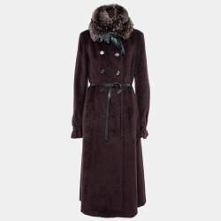 Pre Owned Max Mara Dark Purple Wool Detachable-Collar Belted Coat L   
