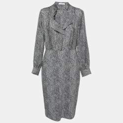 Pre Owned Max Mara Navy Blue Printed Silk & Knit Ponera Midi Dress L