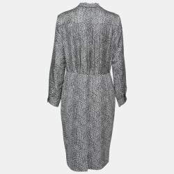 Pre Owned Max Mara Navy Blue Printed Silk & Knit Ponera Midi Dress L