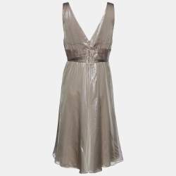 Pre Owned Max Mara Brown Lurex Silk Sleeveless Midi Dress L