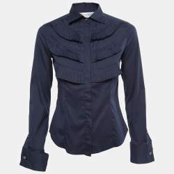 Max Mara Dark Blue Stretch Cotton Pleated Shirt XS