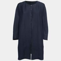 Pre Owned Max Mara Navy Blue Linen Blend Open Long Coat L