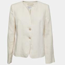 Max Mara Cream Linen Round-Neck Buttoned Blazer L
