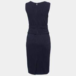 Pre Owned Max Mara Navy Blue Striped Draped Jersey & Crepe Sleeveless Midi Dress M