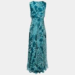 Pre Owned Max Mara Teal Blue Abstract Printed Chiffon Sleeveless Maxi Dress M