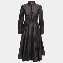 Pre Owned Max Mara Dark Brown Silk Belted Shirt Dress S