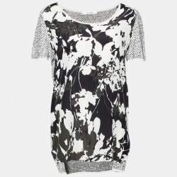 Pre Owned Max Mara Monochrome Knit & Silk Paneled Top & Cardigan Set L