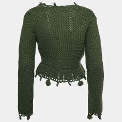 Pre Owned Max Mara Olive Green Wool Crochet Knit Crop Cardigan L