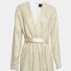 Pre Owned Max Mara Cream Lurex & Silk Long Sleeve Belted Maxi Dress M