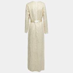Pre Owned Max Mara Cream Lurex & Silk Long Sleeve Belted Maxi Dress M