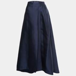 Pre Owned Max Mara Navy Blue Silk Blend Pleated Asymmetrical Maxi Skirt M