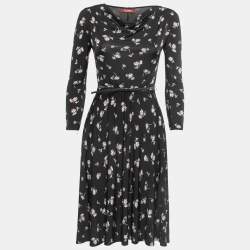 Pre Owned Max Mara Black Floral Print Jersey Cowl Neck Belted Flared Short Dress S