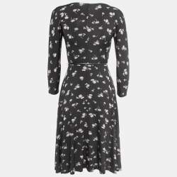 Pre Owned Max Mara Black Floral Print Jersey Cowl Neck Belted Flared Short Dress S