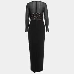 Pre Owned Max Mara Black Crepe Embellished Lace Trim Long Sleeve Draped Maxi Dress M