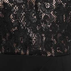 Pre Owned Max Mara Black Crepe Embellished Lace Trim Long Sleeve Draped Maxi Dress M