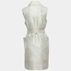 Max Mara White Jacquard Sleeveless Belted Coat M