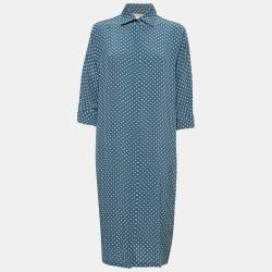 Max Mara Blue Polka Dotted Silk Button Front Midi Shirt Dress S