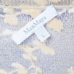 Pre Owned Max Mara Brown Floral Printed Silk & Linen Knit Embellished V-Neck Top L