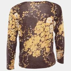 Pre Owned Max Mara Brown Floral Printed Silk & Linen Knit Embellished V-Neck Top L