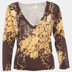 Pre Owned Max Mara Brown Floral Printed Silk & Linen Knit Embellished V-Neck Top L