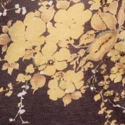 Pre Owned Max Mara Brown Floral Printed Silk & Linen Knit Embellished V-Neck Top L